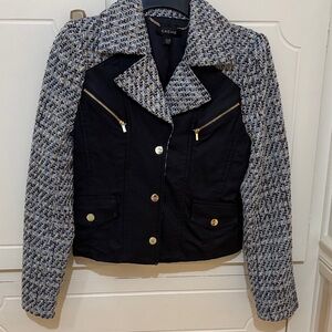 Cache Navy Body with Gold, Blue (light and navy), Gold  Tweed Sleeve Blazer